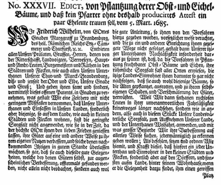 Datei:Nr.37 vom 5ten März 1685 Edikt von Pflanzung von Obst- und Eichel-Bäumen,Teil1 bildgröße ändern.png